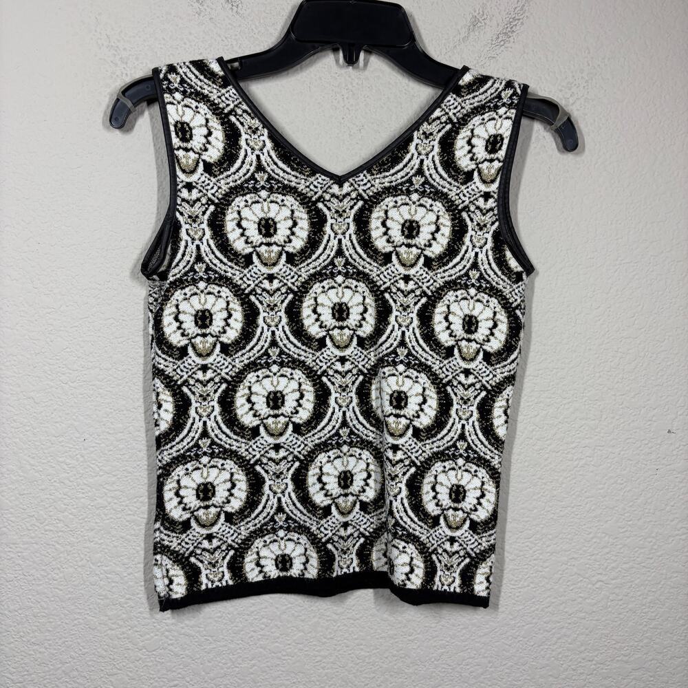 Michael Simon Petite Small Metallic Sweater Tank Black White Geometric Print - Picture 3 of 9